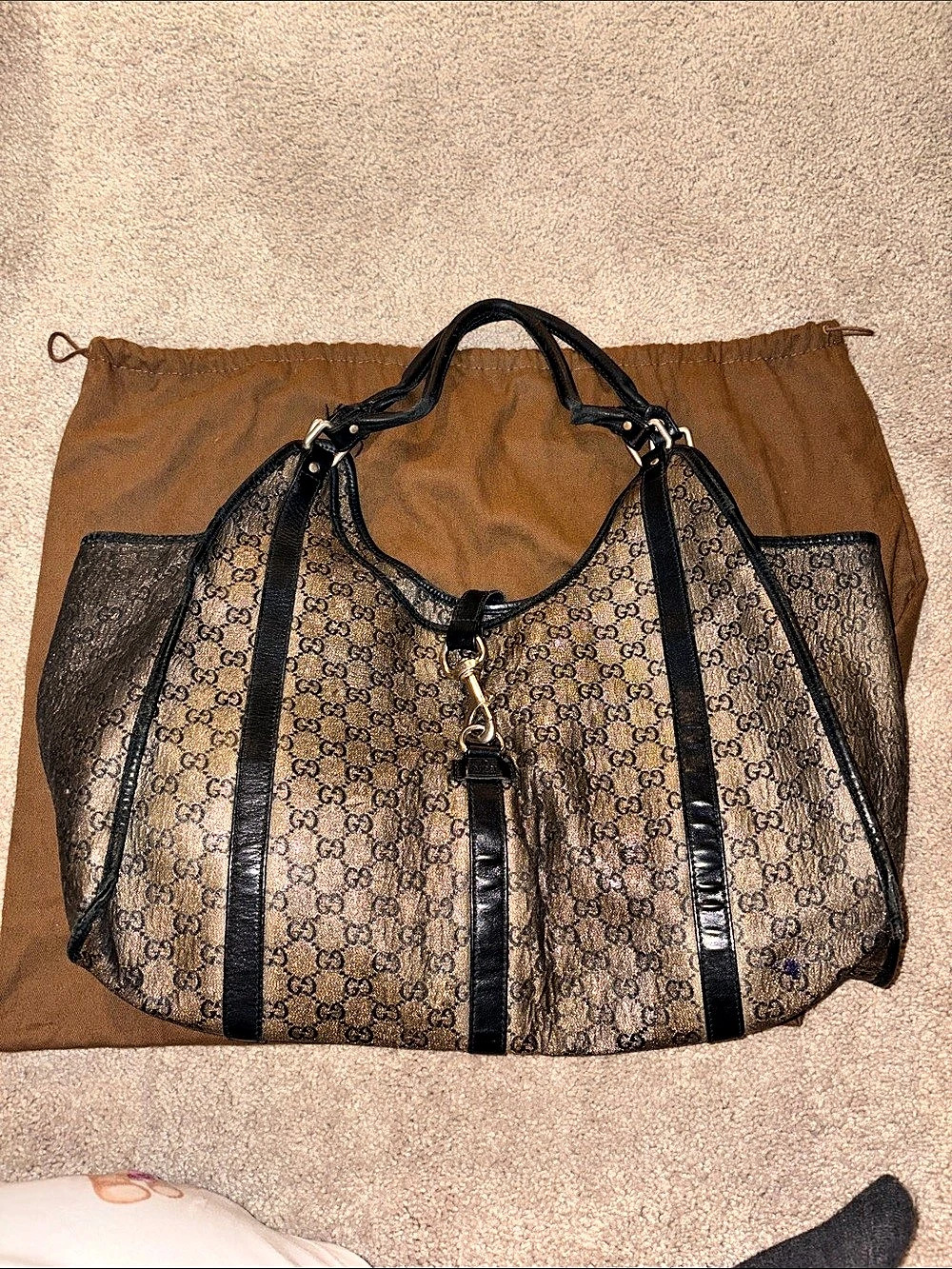Gucci GG Canvas Hobo in dark gray w tint of gold & Black